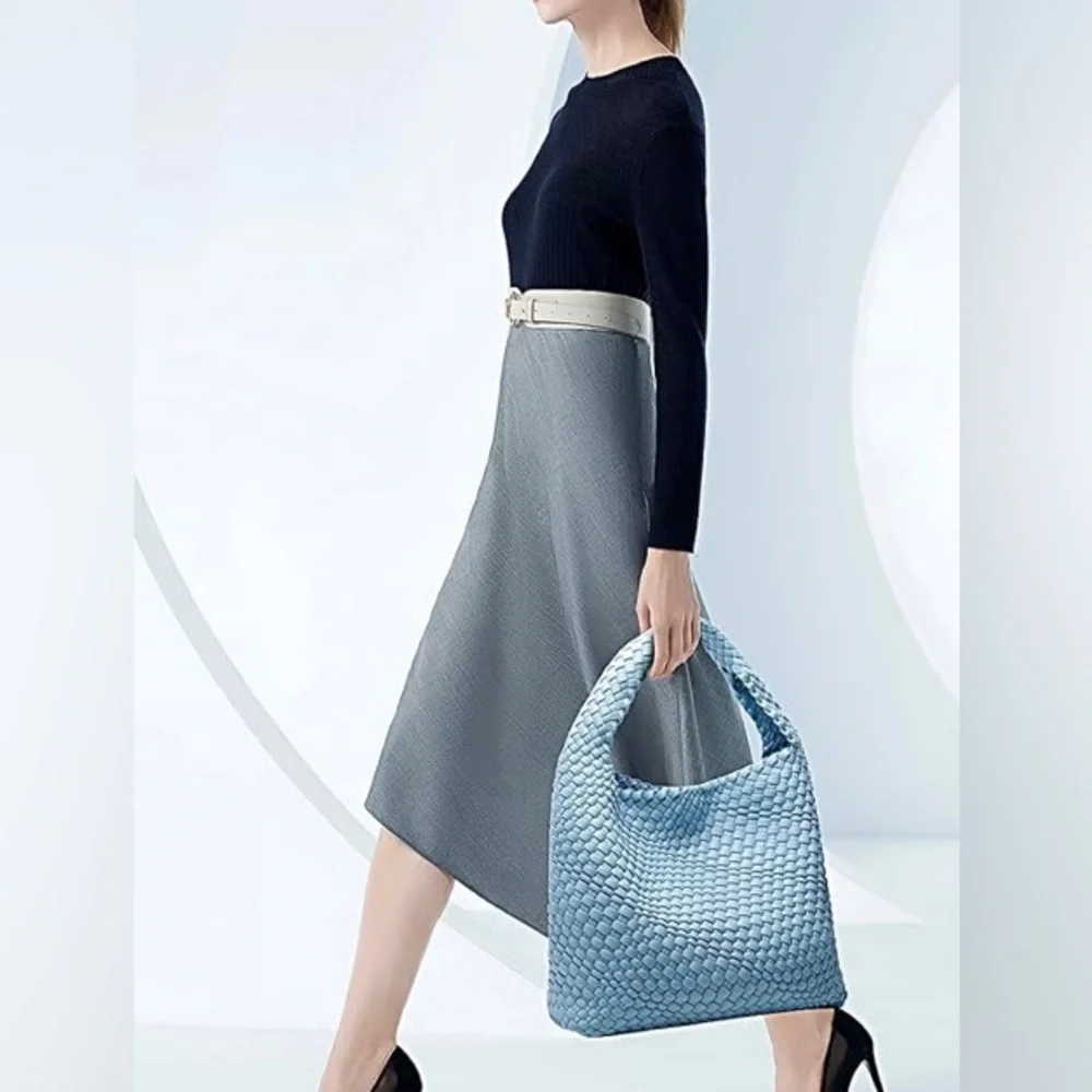 Woven Boho Tote‎ Bag Vegan Leather Light Blue New Oversized Bag purse E-NYC Hobo